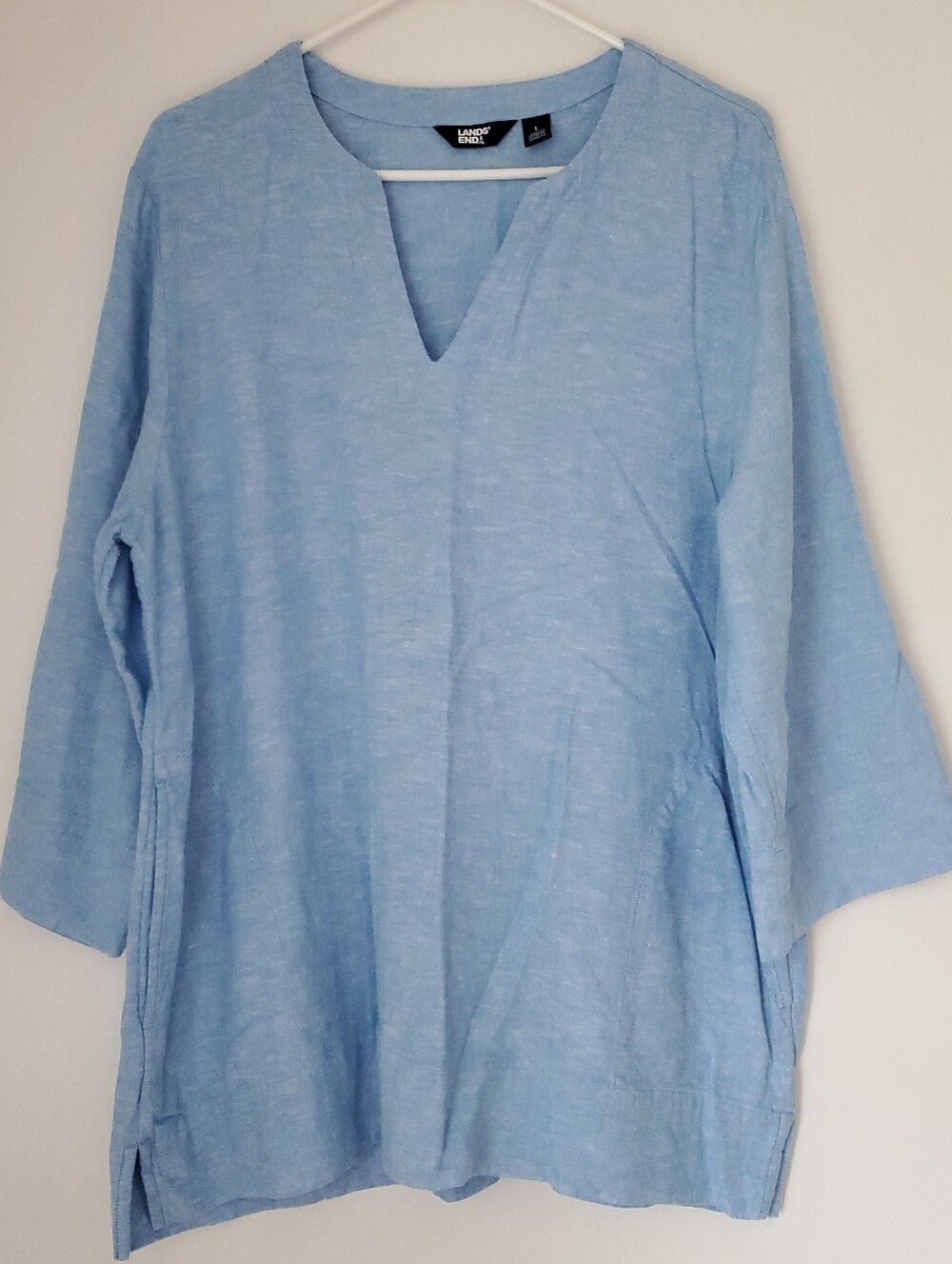 Lands End Linen Blend Split Neck Tunic Top Size Large 3/4 Sleeve Pockets Coastal